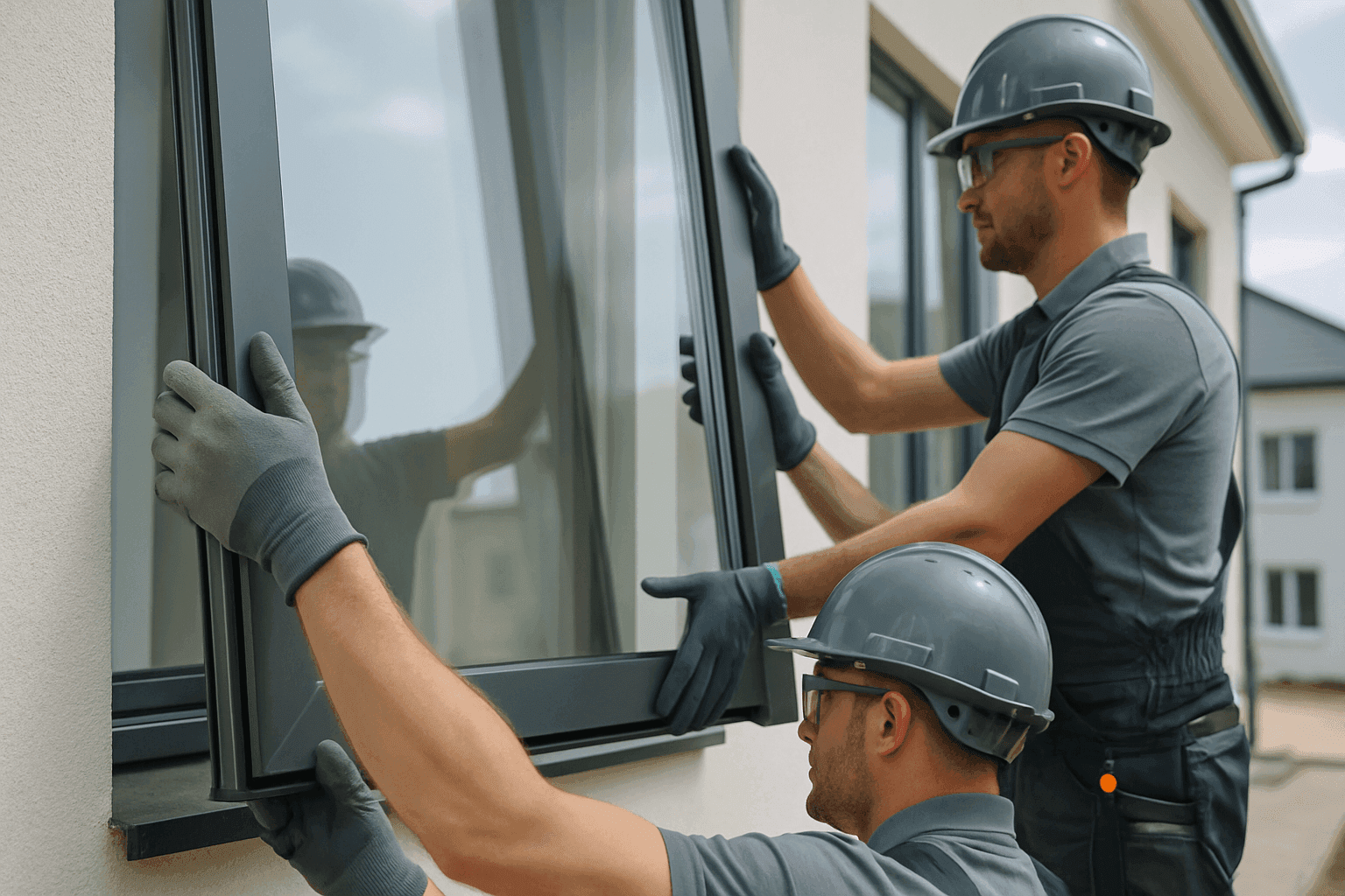 Two workers in safety gear installing a large window on a clean building exterior
