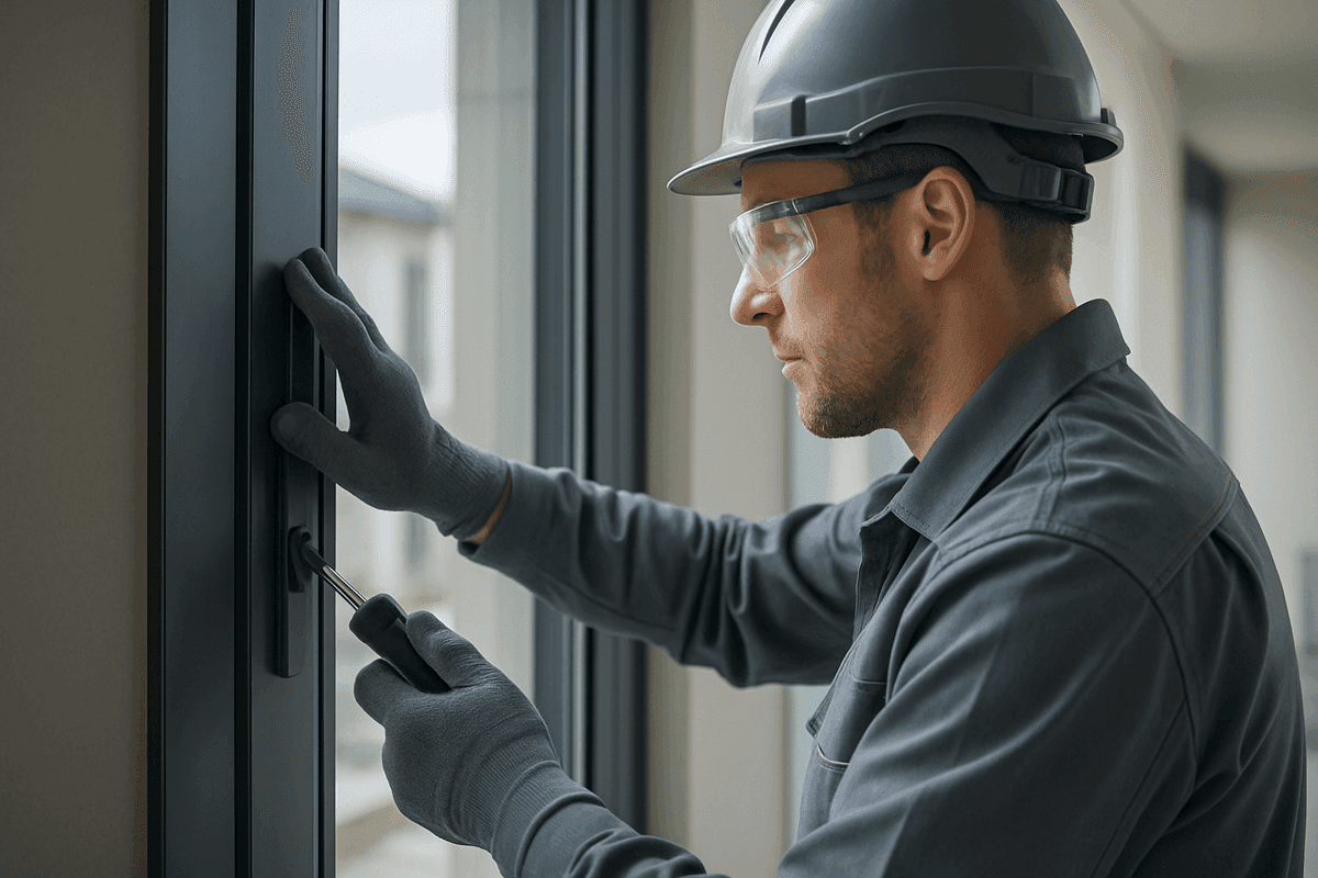 Close-up of a worker fitting a double-glazed window wearing protective gear